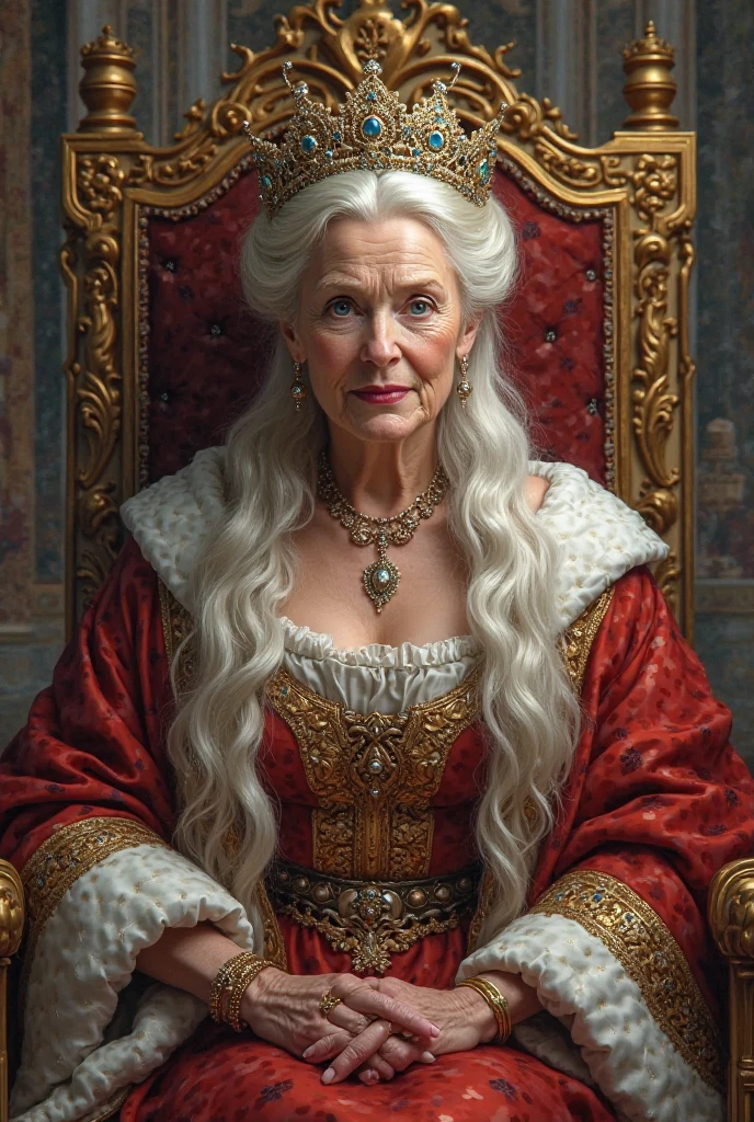 
A 70-year-old queen with blue eyes and white-blonde hair, in the throne room, with her hair tied up in a bun