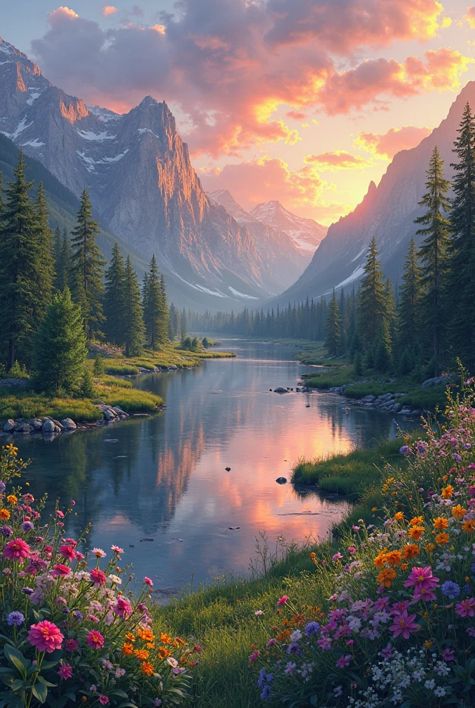 
"Create a high-resolution image of a serene mountain landscape at sunrise, with a calm river reflecting the colors of the sky, surrounded by lush green trees and colorful wildflowers in the foreground. The image should have a vibrant color palette and a peaceful, tranquil atmosphere."