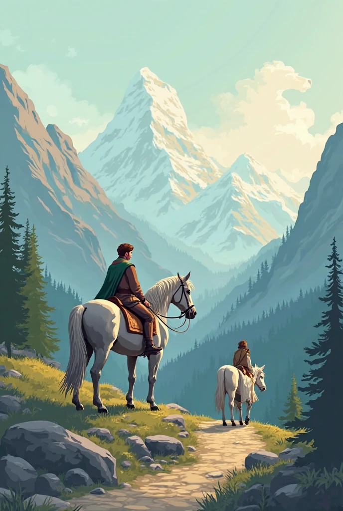 illustration of a fantasy book cover titled "The Horse and His Boy". A majestic dapple-grey stallion (Bree) stands proudly on a rocky mountain path, seen from a slight side angle. A young boy (Shasta), wearing vintage, slightly worn medieval-style clothes, is riding on the horse’s back, holding the reins gently, looking toward the distant mountains. Behind them, a winding forest trail leads to misty snowy peaks. On the side of the path, a noble girl (Aravis) walks beside a graceful white mare (Hwin). The morning sky is softly lit, with a faint lion-shaped cloud (Aslan) appearing above. Clean lines, flat colors, minimal gradients, stylized shapes, in high-quality vector style.