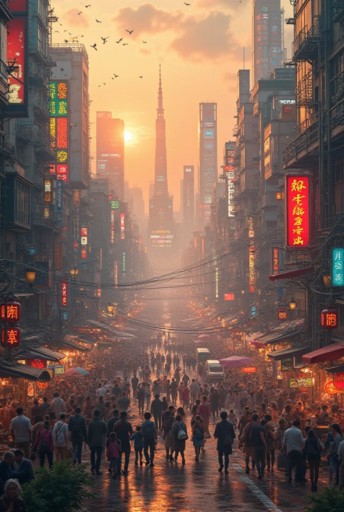 “A vibrant, densely populated country portrayed as a vast, dynamic landscape filled with endless cities, bustling streets, and layers of human activity. Towering skyscrapers, crowded markets, glowing neon signs, high-speed trains, and massive residential buildings stretch to the horizon. People of all backgrounds walk, work, and gather in colorful, energetic scenes. A mix of modern infrastructure and traditional elements, set under a hazy sunset sky that adds warmth and depth. Highly detailed, cinematic cityscape, full of life and movement.”