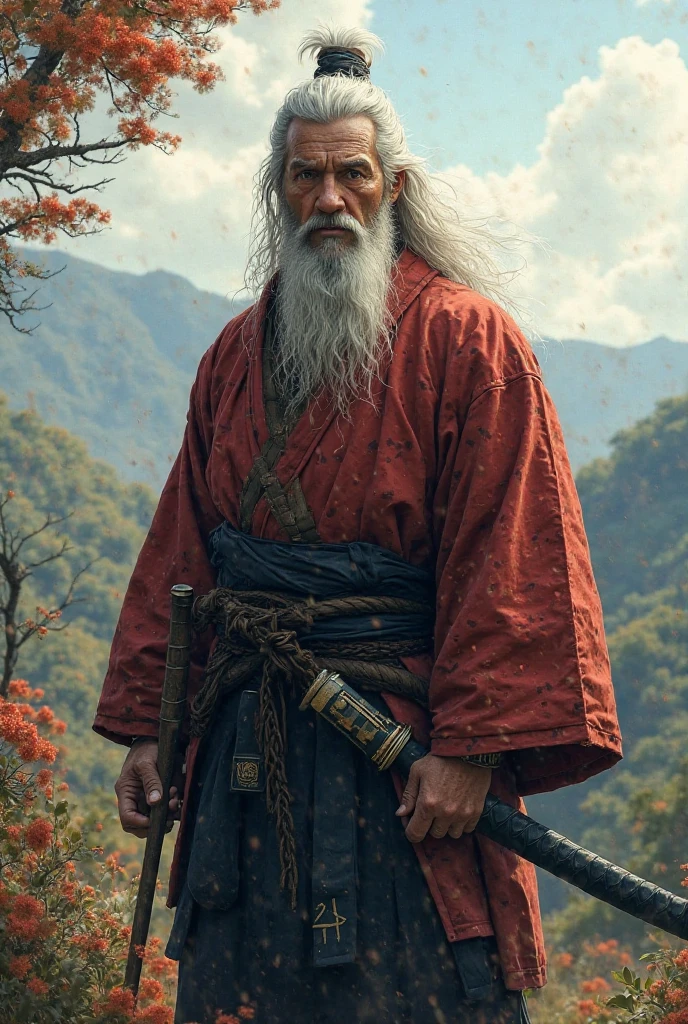 Male, white hair, beard, Ronin, red and black kimono