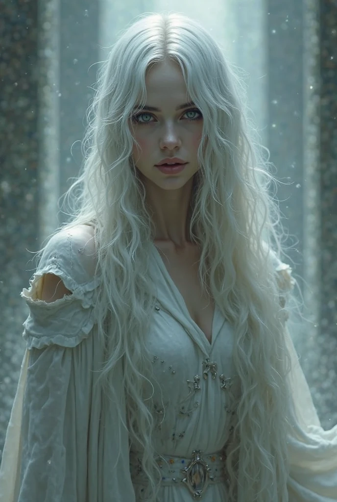 A female sim. Pale skin, silver hair, intense eyes. Long coat or robe. Slightly otherworldly.