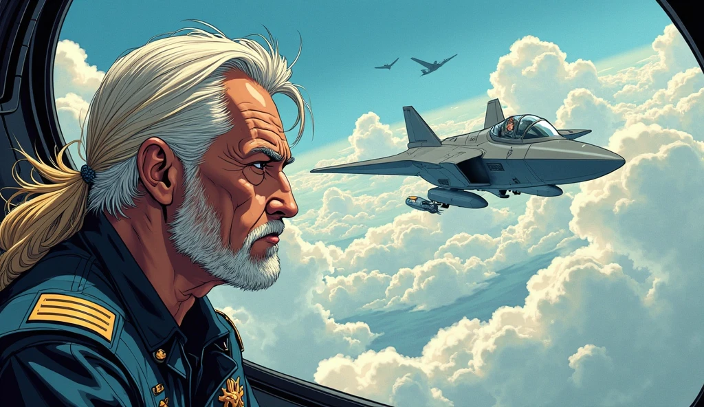 Create a comic book page, (((Close-up of a white-haired pilot wearing commander's clothing))), (((looking back at a blonde passenger with long hair flowing with her back to the observer))), (((In the background, a panoramic view of the cockpit where the pilot of a stealth plane is found with clouds in a blue sky.))), detailed colorful portrait, joshua middleton comic art, comic art Phil Noto, beautiful comic art , comic illustration, comic art, indiano, phil noto e rebecca guay, comic book illustration, Spread the color, Comic book saga ,  Color illustration ,  by Juan O'Gorman,  detailed and beautiful faces 