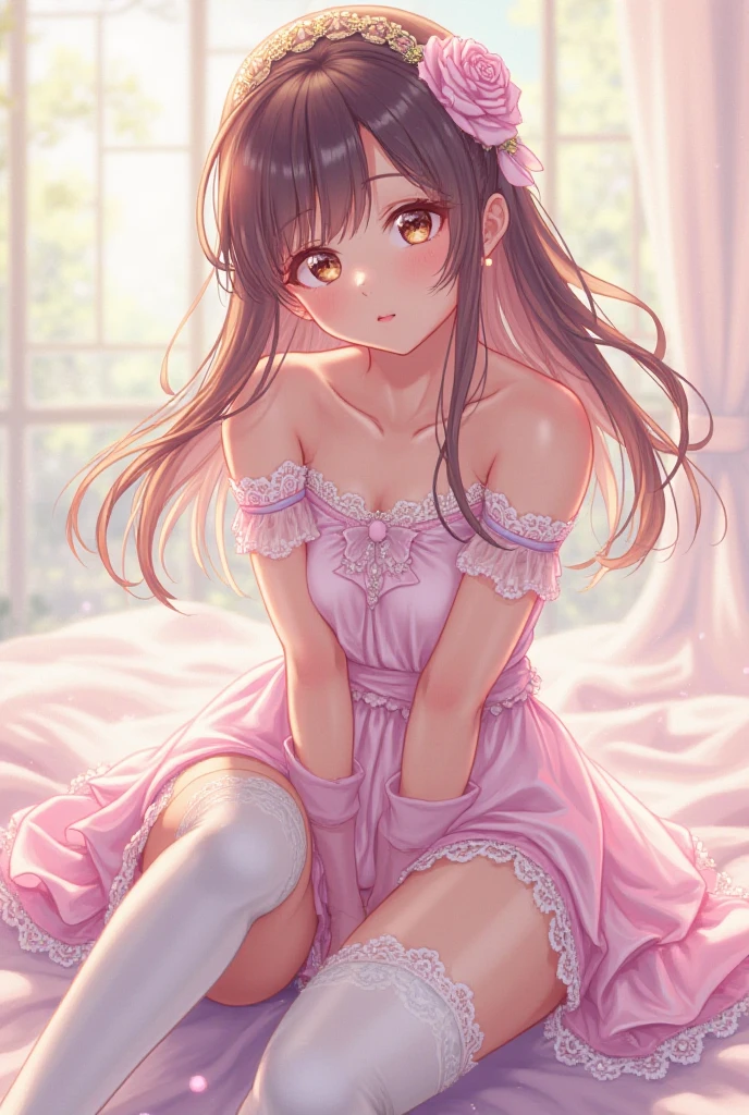 beautiful illustrations, highest quality, pretty girl, 1girl, Bedroom, pastel colour, (two-separated lingerie), reddish brown long hair, headband, cute lingerie, bright lighting