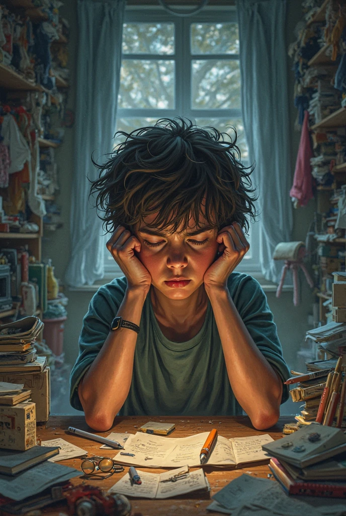  Alex, a boy with disheveled hair and casual clothes, He is sitting at his desk. Your room is a chaos of books, papers and clothes. Frustration is reflected in your face..
