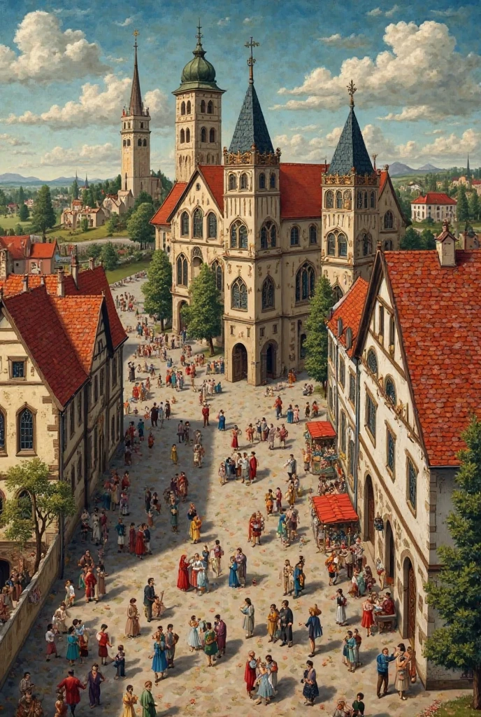 A vibrant and detailed miniature painting depicting a bustling market square in a 15th-century Belarusian town (White Ruthenia/Litva). Townspeople (Litvins, Ruthenians, Poleshuks) in traditional clothing mingle amongst merchants and craftsmen representing various guilds. A grand Gothic town hall, symbolizing Magdeburg Law and the town council (Rada, Magistrat), dominates the scene, with a castle-castel visible in the background. A Catholic church (kostel) with stained glass windows stands near an Orthodox church and a synagogue, showcasing the religious tolerance and cultural diversity of the era (Catholicism, Orthodoxy, Judaism, Kreva Union). Frescoes and iconography adorn building facades, while subtle details hint at the growing urbanization and developing self-awareness of the Belarusian people. Include elements of Romanesque architecture and the influence of panegyric literature. --ar 2:3 --zoom 1.5 --v 6   соотношение сторон 16:9