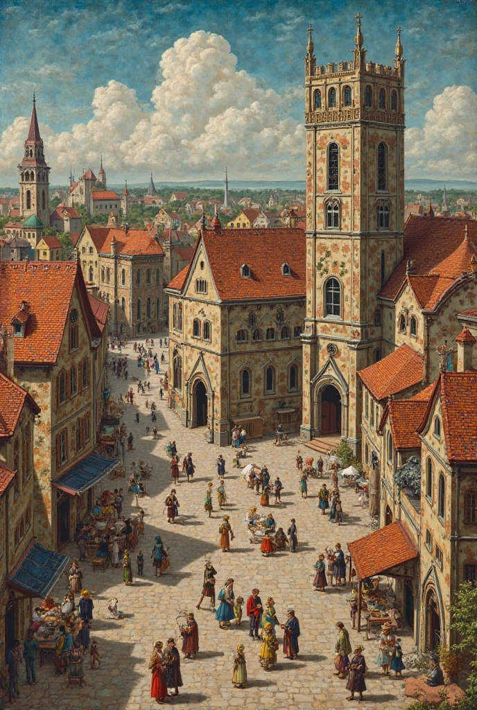A vibrant and detailed miniature painting depicting a bustling market square in a 15th-century Belarusian town (White Ruthenia/Litva). Townspeople (Litvins, Ruthenians, Poleshuks) in traditional clothing mingle amongst merchants and craftsmen representing various guilds. A grand Gothic town hall, symbolizing Magdeburg Law and the town council (Rada, Magistrat), dominates the scene, with a castle-castel visible in the background. A Catholic church (kostel) with stained glass windows stands near an Orthodox church and a synagogue, showcasing the religious tolerance and cultural diversity of the era (Catholicism, Orthodoxy, Judaism, Kreva Union). Frescoes and iconography adorn building facades, while subtle details hint at the growing urbanization and developing self-awareness of the Belarusian people. Include elements of Romanesque architecture and the influence of panegyric literature. --ar 2:3 --zoom 1.5 --v 6   соотношение сторон 16:9