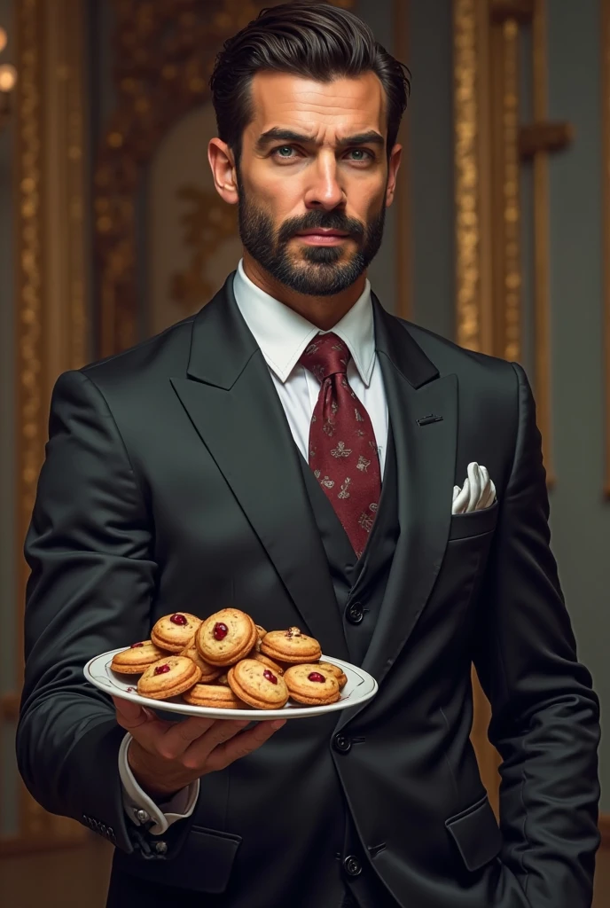 Full body pose.dark brown hair wavy but combed green eyes(Attractive looks) a handsome turkish businessman with wheat skin 190 years old 32 years old. He eats cherry cookies