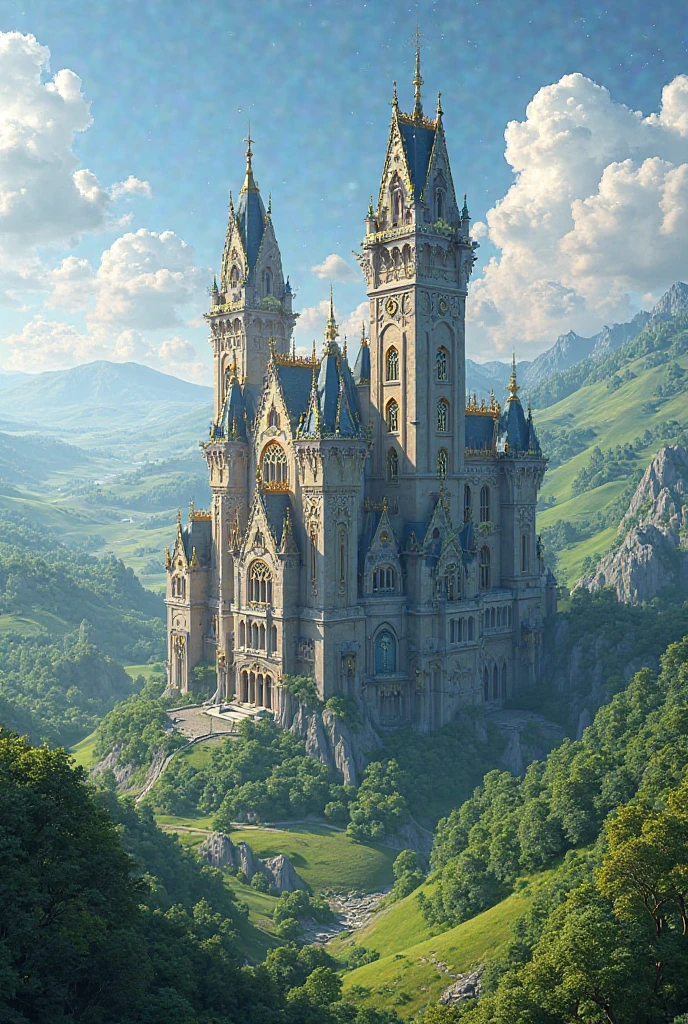 Impressive castle in the green with 2 tall towers...with precious stones