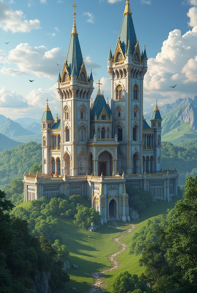 Impressive castle in the green with 2 tall towers...with precious stones