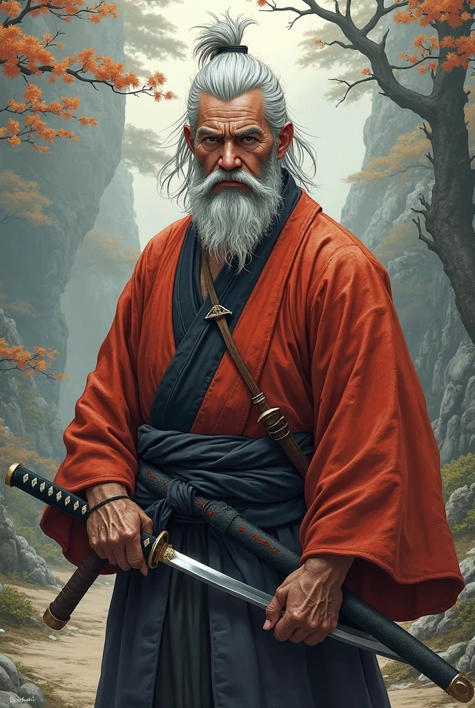 Male, white hair, beard, Ronin, red and black kimono, 35 years old