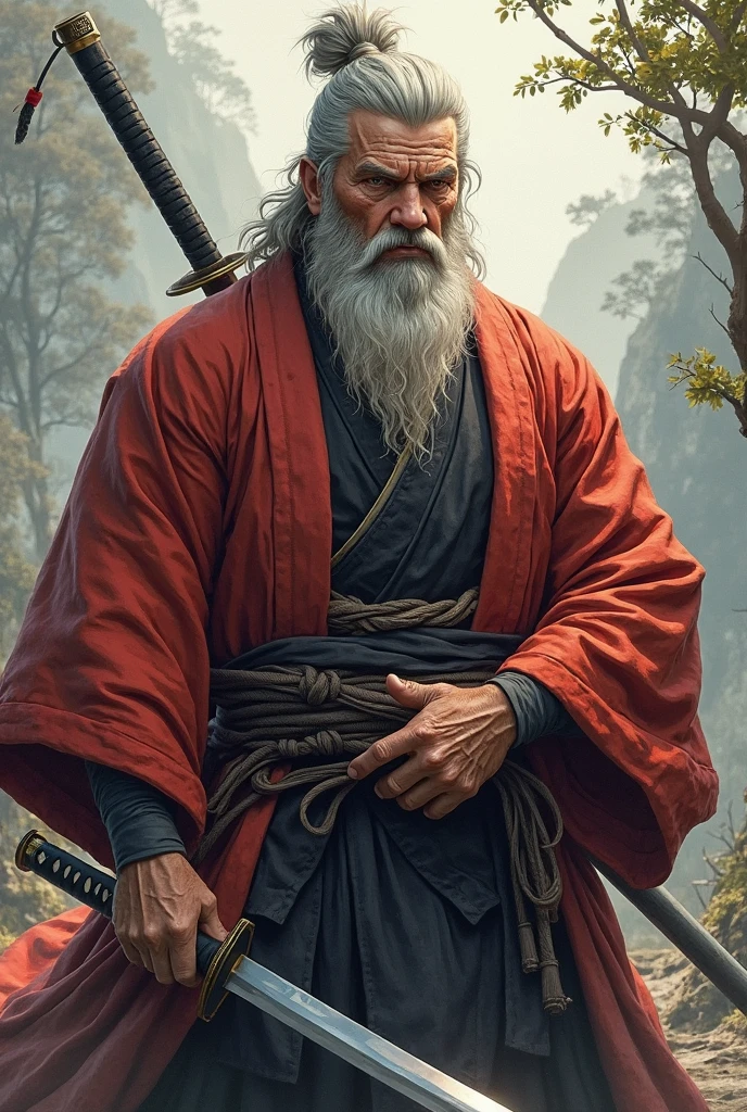 Male, white hair, beard, Ronin, red and black kimono, 35 years old
