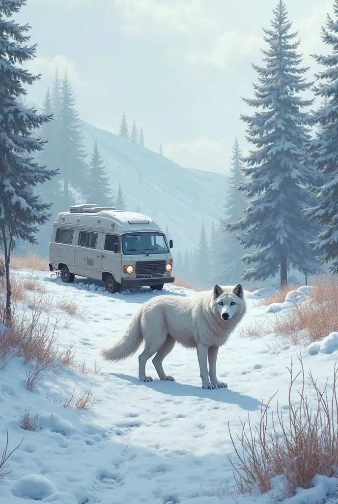 A snowy zize behind a camavar and a white wolf