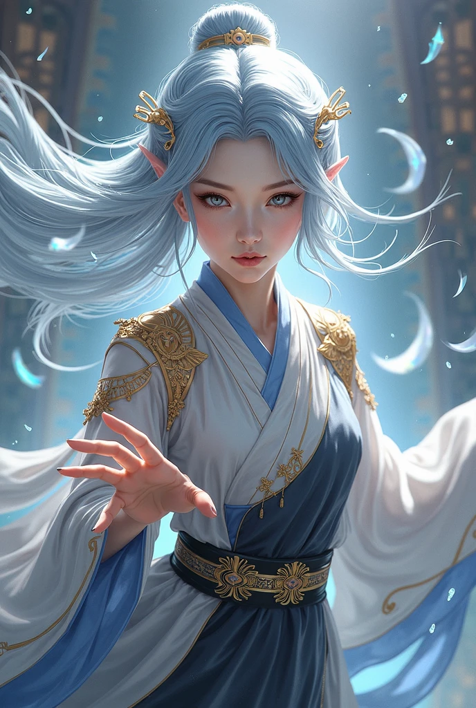 character details:

the hair: in light blue or bluish-silver,

The eyes: Two spacious in light gray or silver color reflect calm and seriousness..

Dress: An elegant costume inspired by traditional Asian designs.. consisting of main colors such as white, sky blue, and black, decorated with gold patterns and decorative elements..

There are decorative bands that fly with movement, suggesting a rapid or violent transition..


table, accessories: gold decorations appear on the shoulders, neck, and waist, The ancient Chinese ornament or Taoist symbols look like.

back: black with glass or crystal fragments flying around the character, enhancing the sense of drama, explosion or power.


 General suggestion : The character appears to be in a fateful moment — either fighting, protecting someone, or about to use a magical power. Her serious look and her extended hand gives a sense of determination or trying to hold something important.
