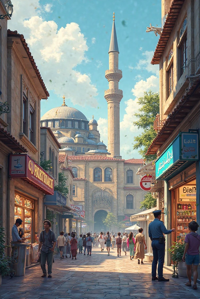 A street and a school near a mosque and a pharmacy with a police guard