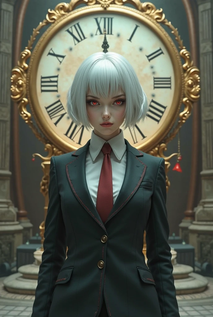 16K, HD, Highly Detailed, Professional, ((High Quality)), ((Masterpiece: 0.3)),Genderless, female facial features, short hair, standing, white hair, (((giant ornate clock background))), wearing a suit with golden features, facing forward, zoomed in upper body, bossy smirk, red eyes, ruined city, zoomed in upper body, cocky expression