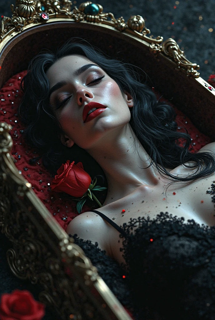 Midnight darkness envelops the ornate coffin, its black lacquer glistening like polished onyx. The Countess's face, once radiant with life, now appears serenely tranquil, her features frozen in an eternal slumber. Her raven tresses cascade down the sides of the coffin like a velvet waterfall, framing her pale complexion and striking red lips that subtly curve upward, revealing two razor-sharp fangs. The cold, unyielding marble beneath her body seems to absorb the faint luminescence emanating from the candelabras, casting an eerie glow on the scene., Gothic horror, vampiress, The erotic sleeping pose of a vampiress who is captivating even when she bares her fangs, professional, vivid colors, perfect anatomy, ideal facial features, ideally proportioned figure, perfectly beautiful body, super detailed skin, glossy skin, glistening skin, fresh white skin, Glamor, soft and curvy, body conscious, (indoors, The burial chamber of an ancient castle, a luxurious coffin lined with crimson velvet carpet), lying, upper body shot, Straight-on shot, Portrait, black long hair, Forehead, arched eyebrows, double eyelids, Closed eyes, Eyelashes, nose, nostrils, full lips, dark lipstick, glossy lips, (A slightly open whispering mouth, teeth, vampire fangs), neck, collarbone, deep cleavage, Upper breast swelling, Gigantic Breasts, shallow depth of field, entirety of sharp focus, vignette, highly detailed, high budget, bokeh, cinemascope, moody, epic, gorgeous, film grain, grainy, masterpiece, incredibly absurd resolution, absolutely resolution, ultra high resolution, Vampire Fangs,