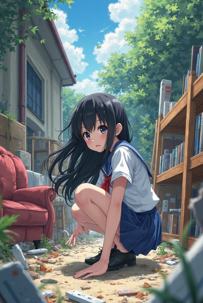 {{From Below}},ruins,sit with your knees up,high school girl,{masterpiece,best quality,illustration},BREAK,{{white dress}},{{{high quality panties}}},BREAK,{spiral curl hair black hair}},{{beautiful eye1:4}},{{look far away}},17 years old,beautiful medium and large breasts 1:4,high school girl