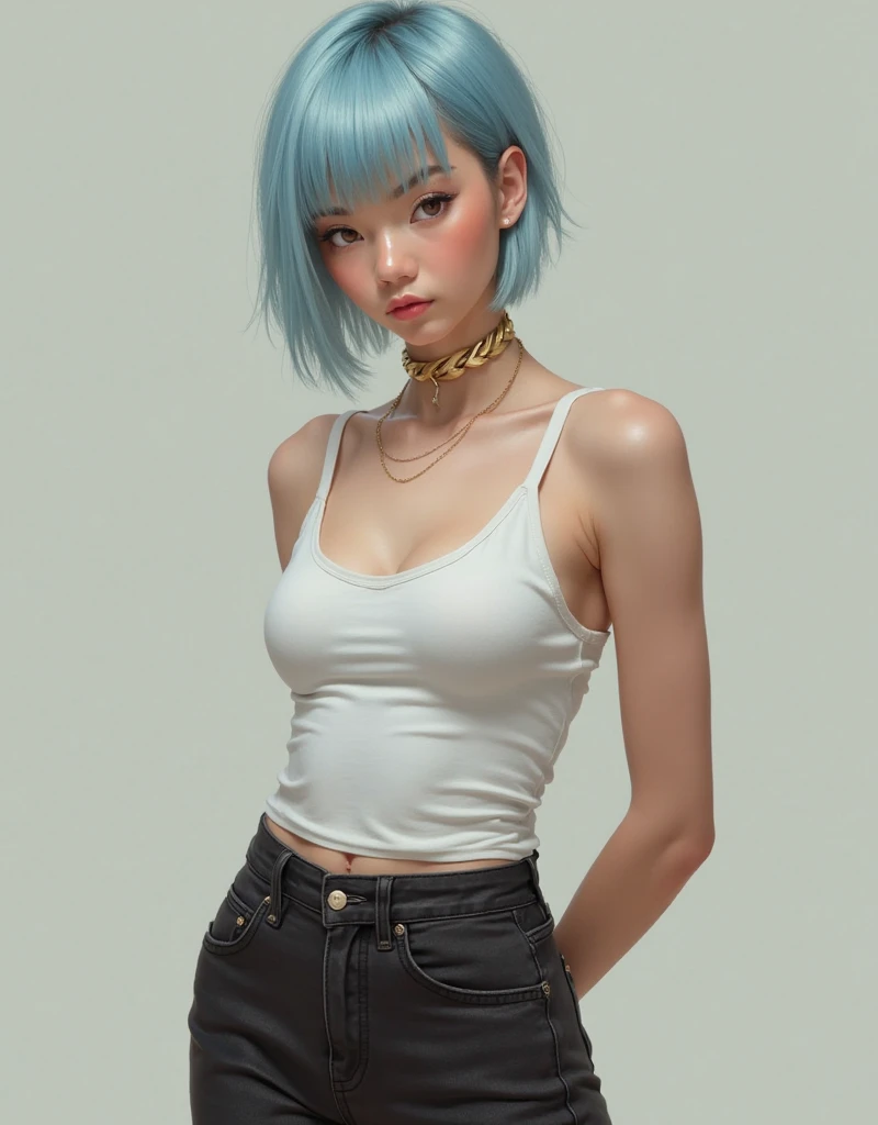 Realistic portrait of a 19 year old androgynous Asian Thai woman with light blue undercut hair with bangs, tight white tank top, black skinny jeans and dark sneakers, tomboy, small breasts, brown eyes, masculine, thin