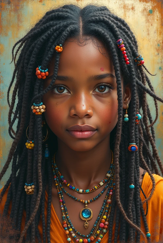 Create a photo of a  and girl with dreadlocks and beads  on it and their neck 