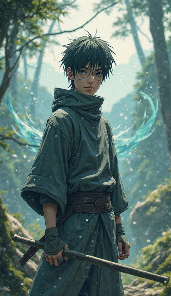 Shinobi from the Hyuga clan. A young man in a fighting stance. chakra with Byakugan