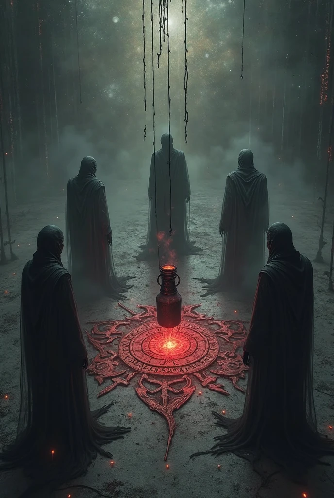 A dark, mystical ritual scene showing five shadowy human figures in a wide circle, each one emotionally disconnected and surrounded by broken or cracked energy fields. In the center of the circle, a dark ritual jar turned upside down, leaking thick glowing red and black fluid into a magical sigil drawn on the floor. Dark threads or tendrils emerge from the jar and entangle each figure’s aura, symbolizing energetic entrapment, tension, and slow disintegration of their connection. The space is dimly lit, with an abstract void background full of cosmic and spiritual textures. One side of the scene glows faintly with a soft spiritual light, while the other side is covered in dark shadows, representing collapse, silence, and spiritual death. The overall atmosphere is heavy, mysterious, and energetically charged. Style: dark fantasy realism, with detailed mystical and esoteric symbolism