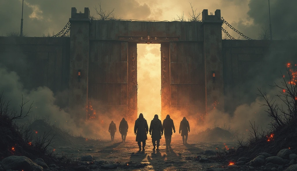 2. "And who are those who could reach that sinister place?"
prompt:
Shadows of people walking slowly towards a huge hellish rusty iron gate with broken chains, apocalyptic environment, background with flames and distressed faces in the smoke.