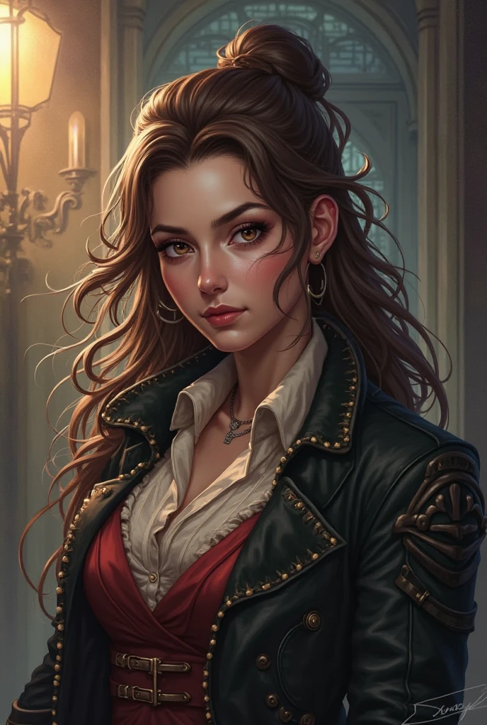 woman with dark red curly hair, brown skin, dark black eyes, dark vibes, talisman around neck, long coats over clothes, high neck top, gloves