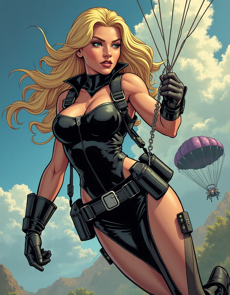 Magik (from x-men, 1female, toned body, long blonde hair with bangs, green eyes, white skin, medium breasts), sitting on her throne in limbo, wastland, fire, demonic, sexy, black leather panties, a large sword nailed to the ground, "(masterpiece, best quality, 8k, sharp focus, depth of field, best shadows, perfect lights, HDR, realistic skin texture, ultra-detailed,   detailed background)"
