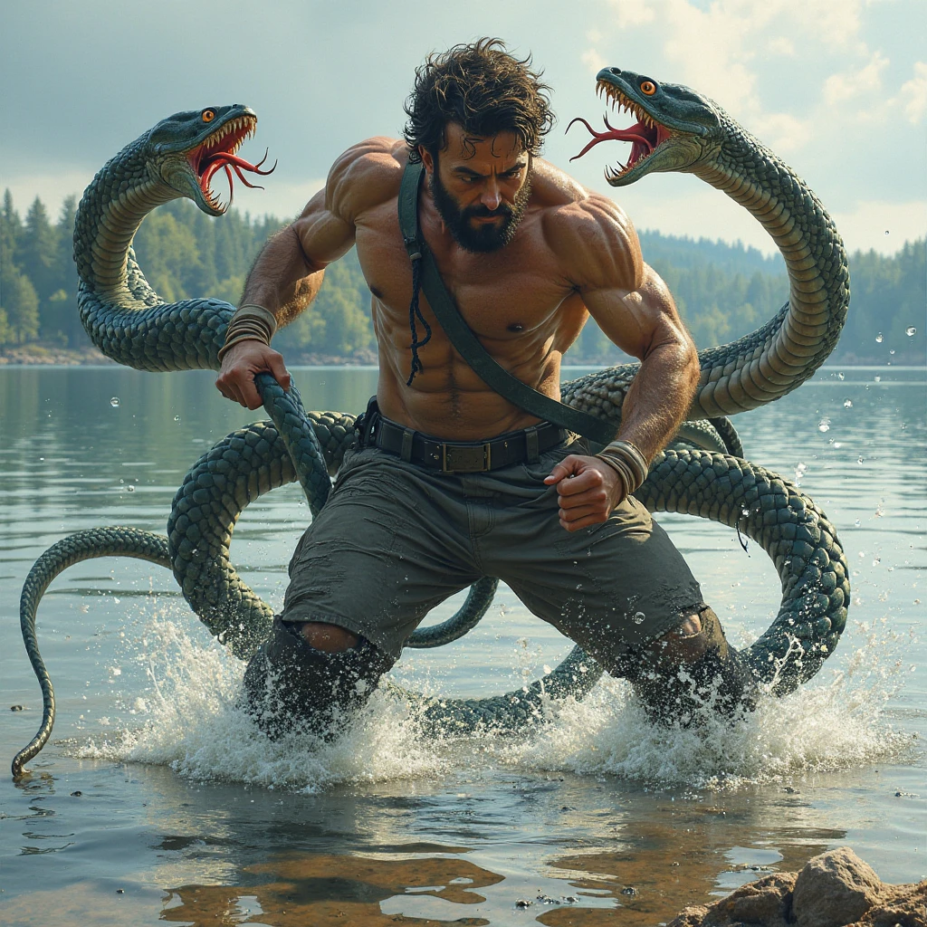 There was a man holding a spear wearing red pants fighting a very giant crocodile in the water....., Stunning action photography, crocodile god lair, Crocodile Loki, Creative Image Management, Photo management, crocodile. shaman., by Rudy Siswanto, by Aleksander Gierymski, As a reptile warrior, Atlantic Ocean., Photoshop Water Management, By Ignacio Zuloaga, Amazing shots.....