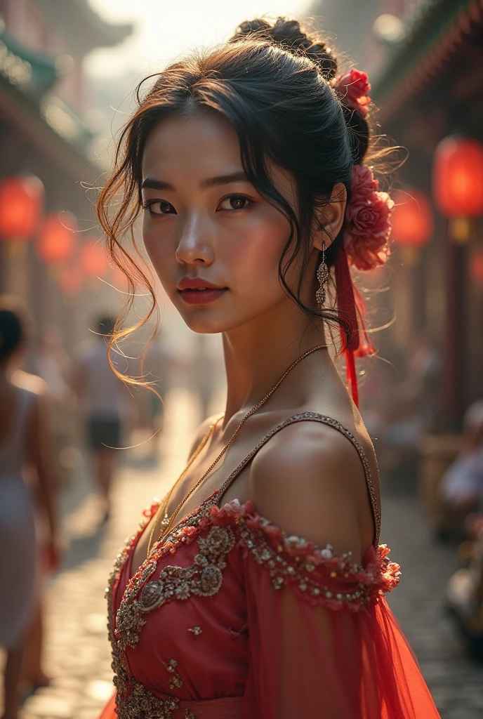 Create a woman with curly hair, clear eyes, Kind of mysterious and charming 24-year-old,  wearing dress, Going to a Peking