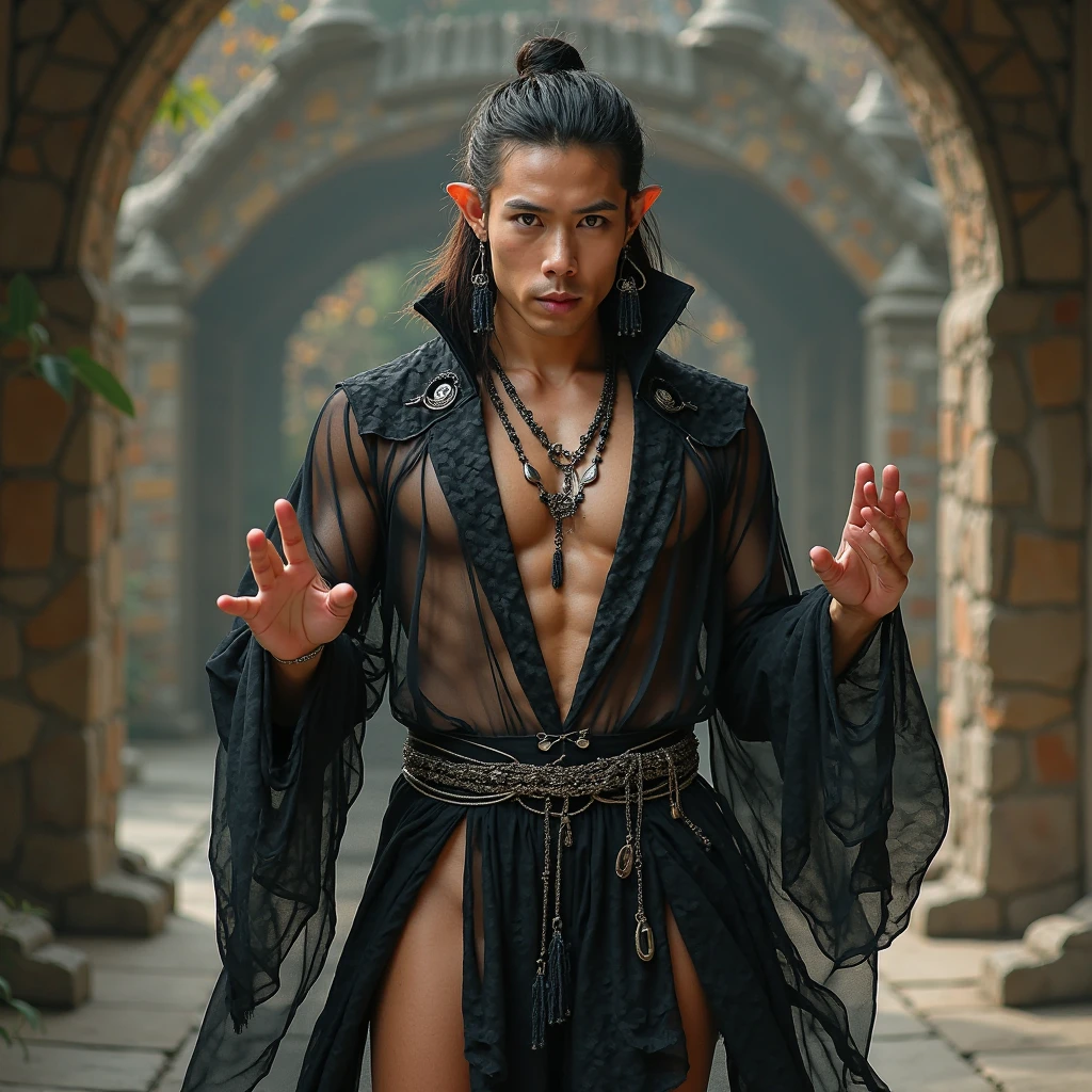 A male fairy,very handsome,young,(full body),he has big black translucent wings,elf ears, black open shirt,he has his white hair in a ponytail,he wears earrings,he has a tattoo on his chest,a lizard sits on his shoulder, he's in a cave,vegetation surrounding the stone-made cave,the gentle mist creates a magical and mysterious atmosphere