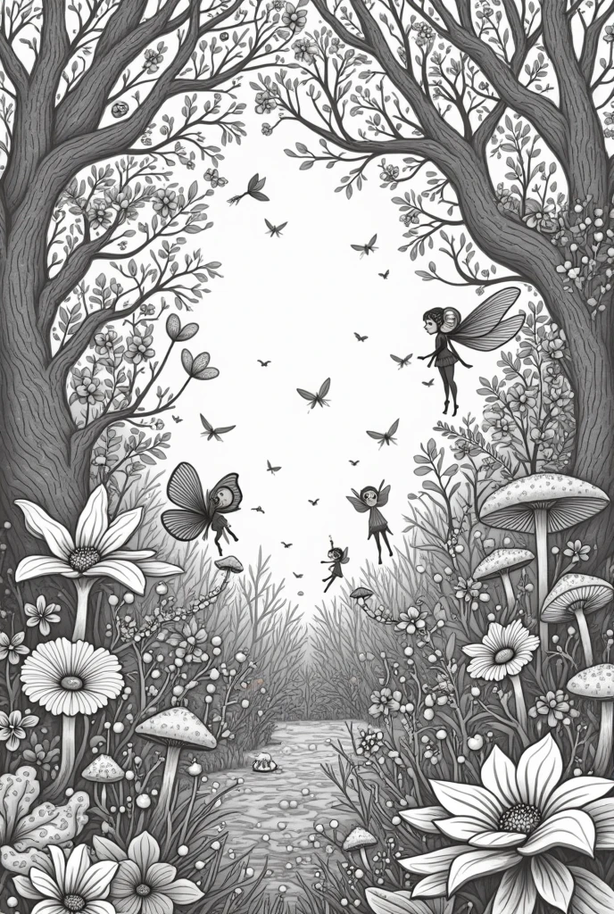 Fairy land coloring book pages nature background no color black and white high details