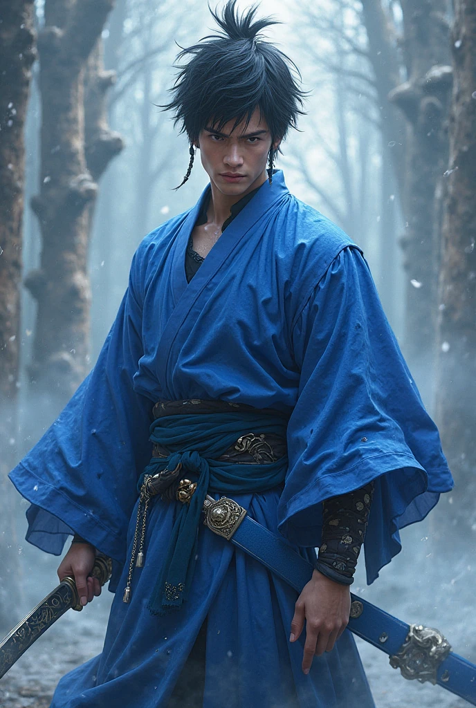 Legendary undefeated mizu swordsman ( black spiky hair, blue theme, double katana, male character )
