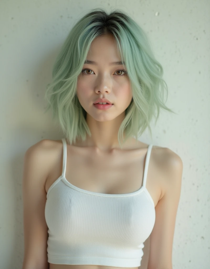 Fantasy. a girl, sitting, bare shoulders, detailed (((loose))) white sweater. large breasts, half body portrait, ((looking at away)), stunningly beautiful, mint bob hair, blush, humble, table, home, hands. highly detailed. Cinematic lighting, (nsfw:1.27)