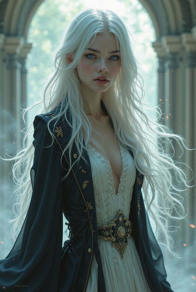 A female sim. Pale skin, silver hair, intense eyes. Long coat or robe. Slightly otherworldly. Formal wear