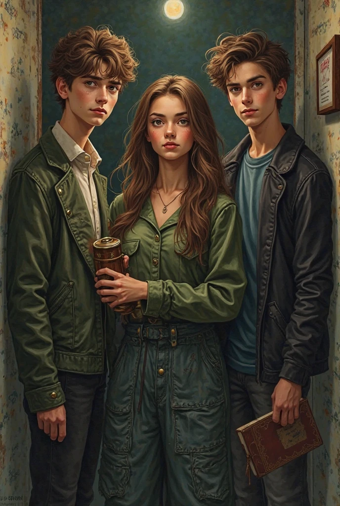 three young people, Une fille de 18 ans, he has a potion book, she has brown and green eyes, she holds a flashlight in his hand, she is in the middle of two boys, One 18 year old ,with Maron eyes and Maron hair, He is holding a kind of weapon. And another 19 year old boy next door ,taller than the other two, she has short brown hair, he holds a potion book in his hand 
