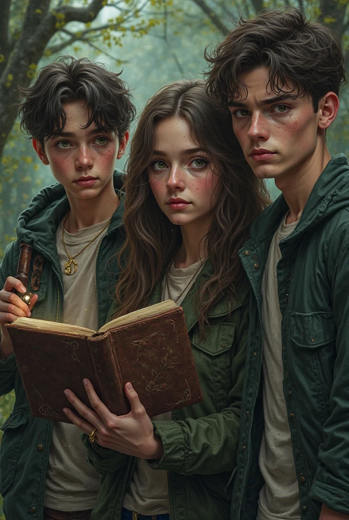 three young people, Une fille de 18 ans, he has a potion book, she has brown and green eyes, she holds a flashlight in his hand, she is in the middle of two boys, One 18 year old ,with Maron eyes and Maron hair, He is holding a kind of weapon. And another 19 year old boy next door ,taller than the other two, she has short brown hair, he holds a potion book in his hand 