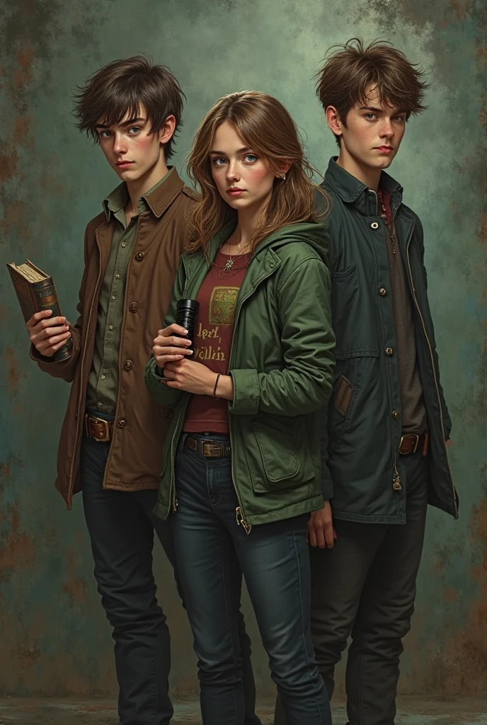 three young people, Une fille de 18 ans, he has a potion book, she has brown and green eyes, she holds a flashlight in his hand, she is in the middle of two boys, One 18 year old ,with Maron eyes and Maron hair, He is holding a kind of weapon. And another 19 year old boy next door ,taller than the other two, she has short brown hair, he holds a potion book in his hand 