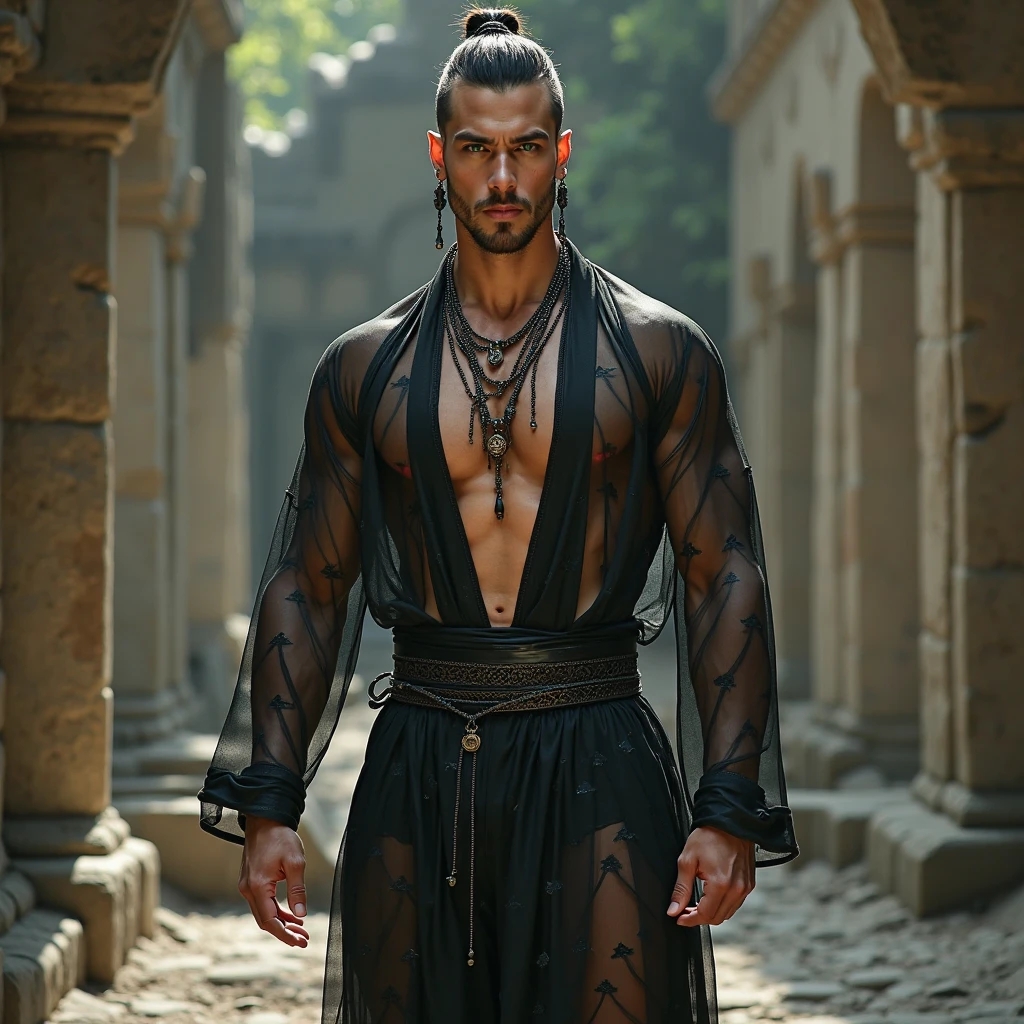 Crea a un chico de anime que lleva ropa medieval, He has jet black hair with a small ponytail at the nape of his neck., a European sword and with a bag with a red dragon egg