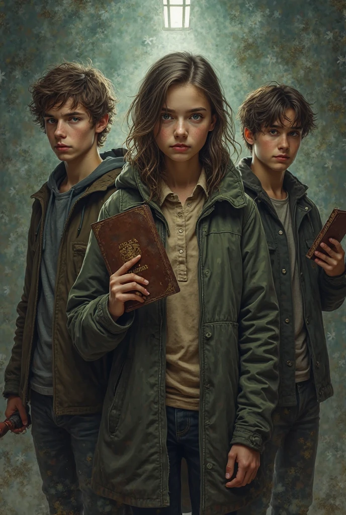 three young people, Une fille de 18 ans, he has a potion book, she has brown and green eyes, she holds a flashlight in his hand, she is in the middle of two boys, One 18 year old ,with Maron eyes and Maron hair, He is holding a kind of weapon. And another 19 year old boy next door ,taller than the other two, she has short brown hair, he holds a potion book in his hand 