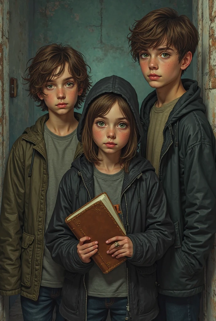 three young people, Une fille de 18 ans, he has a potion book, she has brown and green eyes, she holds a flashlight in his hand, she is in the middle of two boys, One 18 year old ,with Maron eyes and Maron hair, He is holding a kind of weapon. And another 19 year old boy next door ,taller than the other two, she has short brown hair, he holds a potion book in his hand 