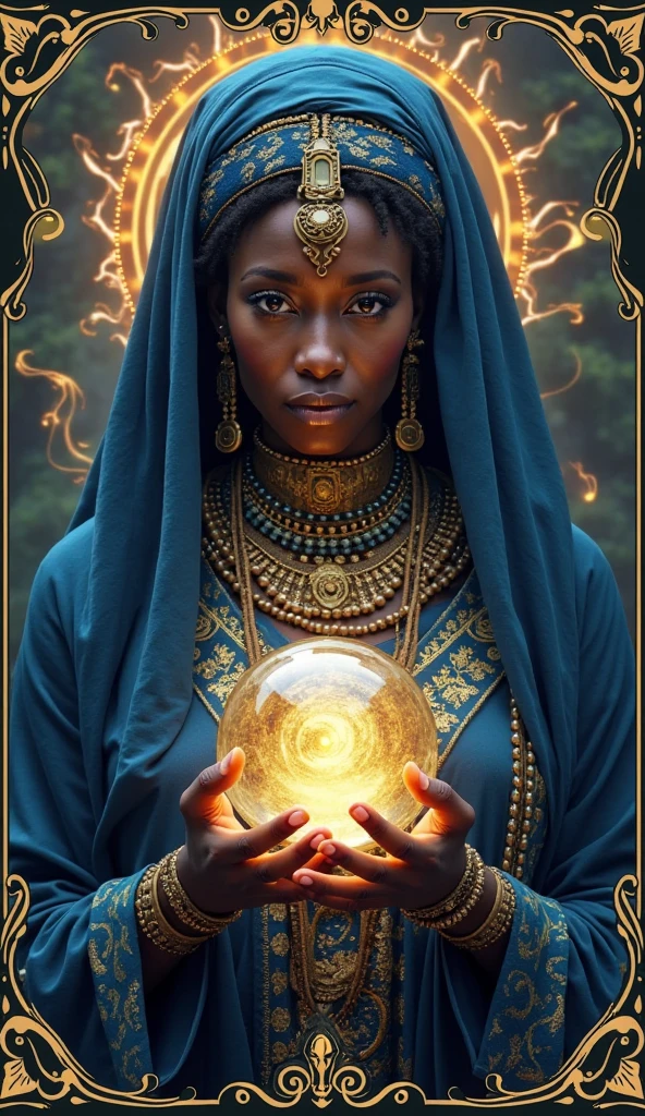 A tarot card HD a African women 50 years old woman with. and jurli and taj.a dress color navy blue and jurli and crystal ball ..