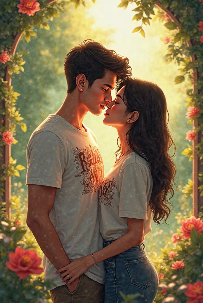 Casal apaixonado: 1 male character and 1 female character in a romantic moment, transmitindo ternura e amor, ambiente florido, colorido