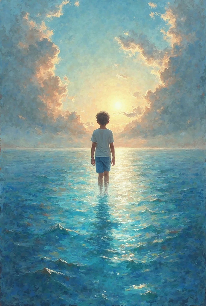 Prompt: Young boy walking calmly on the surface of the ocean at dawn, magical and mysterious atmosphere, glowing blue water, ethereal light around his feet, dreamlike sky with clouds, oil painting style, fantasy scene, soft brush strokes, warm and cool color contrast