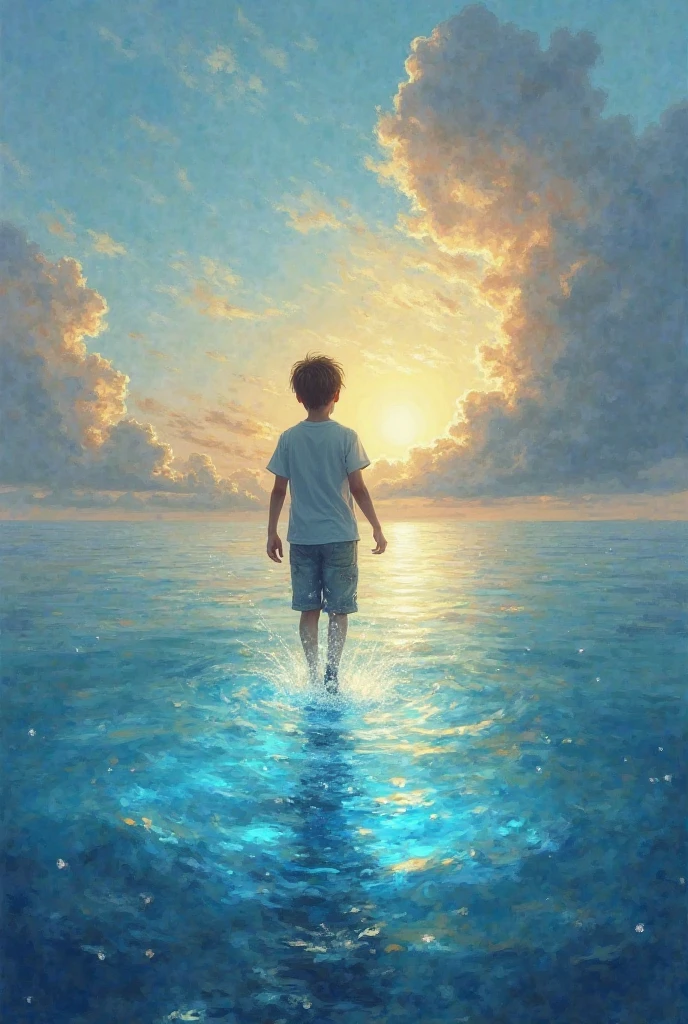 Prompt: Young boy walking calmly on the surface of the ocean at dawn, magical and mysterious atmosphere, glowing blue water, ethereal light around his feet, dreamlike sky with clouds, oil painting style, fantasy scene, soft brush strokes, warm and cool color contrast