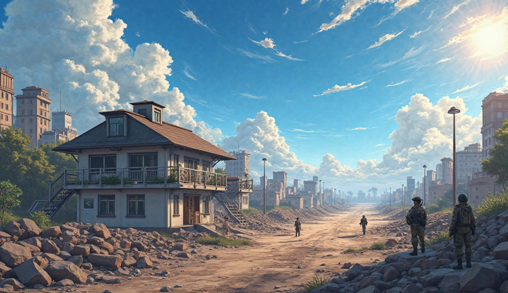 anime, field headquarters, trenches, ruined city in the background,  summer, sunlight, blue sky, cloud
