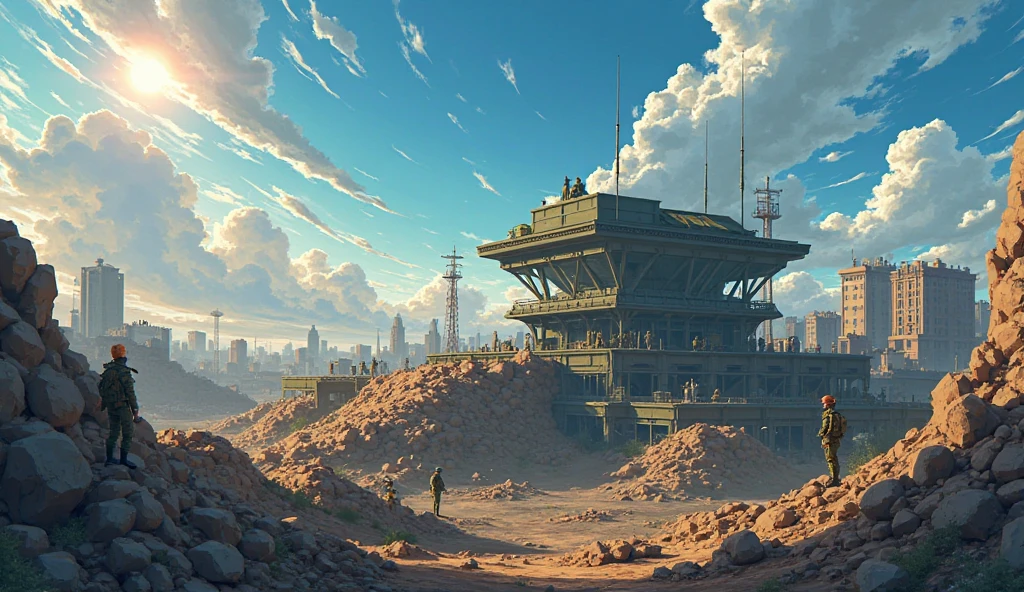 anime, field headquarters, trenches, ruined city in the background,  summer, sunlight, blue sky, cloud