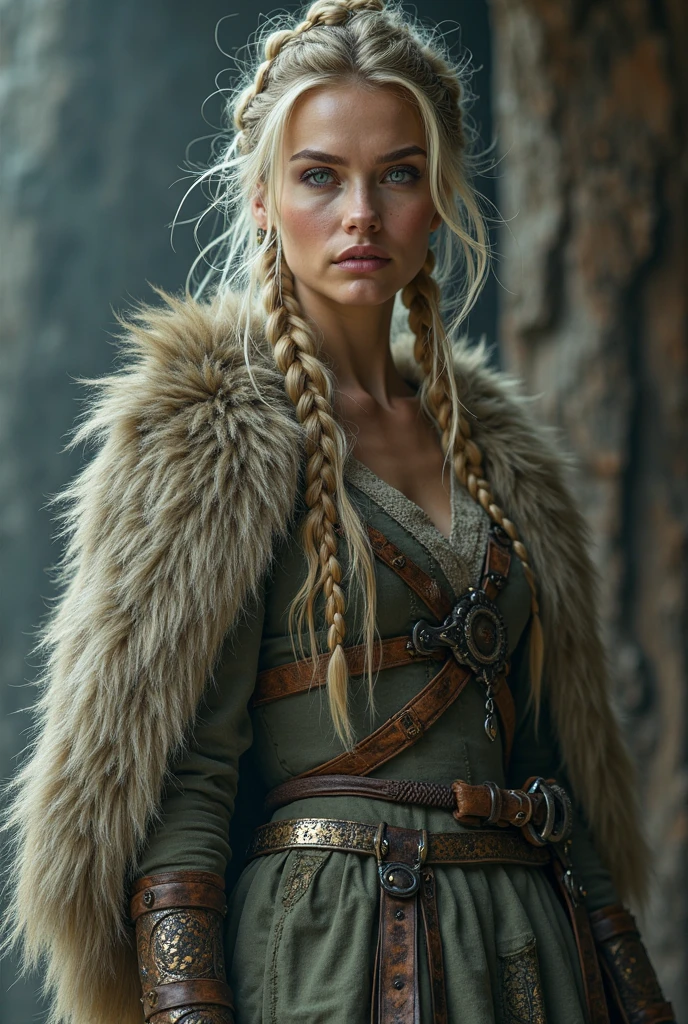 Create a high-fashion editorial portrait of a Viking-inspired female model. The scene should convey elegance, power, and mysticism. The model's styling merges traditional Viking aesthetics with modern couture — she has blond hair and blue eyes, and she walking as iof in a runnaway fashion show, featuring luxurious, textured fabrics like raw linen, wool, leather, and fur, with sophisticated, structured tailoring. The color palette is earthy with metallic accents — deep browns, forest green, slate gray, bronze, and aged gold. Her hairstyle is elaborate, with intricate braids, metal hair accessories, and a windswept, slightly undone texture. Makeup is bold yet ethereal: luminous skin, metallic eyeshadow, defined cheekbones, and natural-toned lips. The background is minimalistic but dramatic — evoking Nordic landscapes with stone textures, fog, or dark wood elements. The lighting is soft but directional, highlighting the textures of the garments and the model's striking features. The mood is cinematic, mysterious, and powerful — a perfect blend of ancient heritage and avant-garde fashion