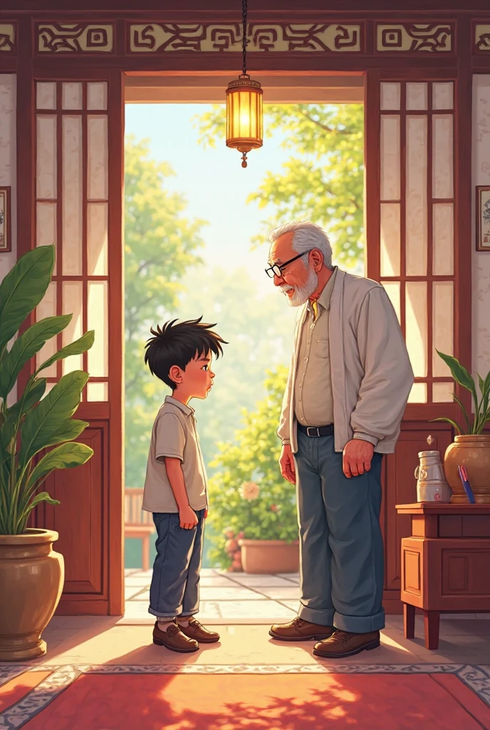 The rich boy talking to his father – The boy respectfully speaking to his father inside a traditional home, asking for help for the old woman. In cartoon images 